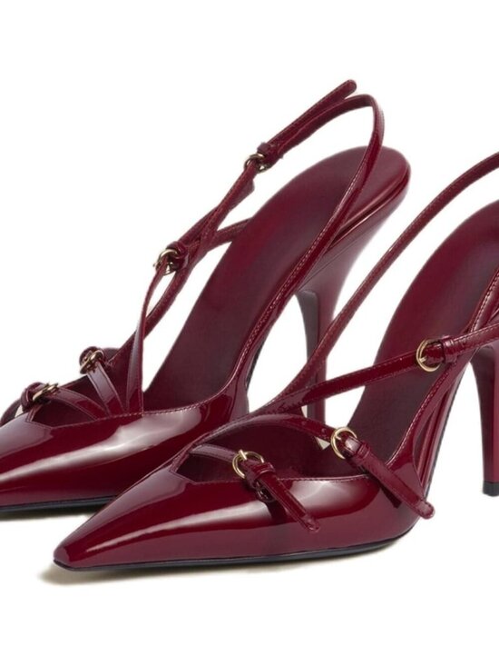 Shoes - Women's Burgundy High Slingback Kitten Pointed Closed Pumps Low Heels Shoes